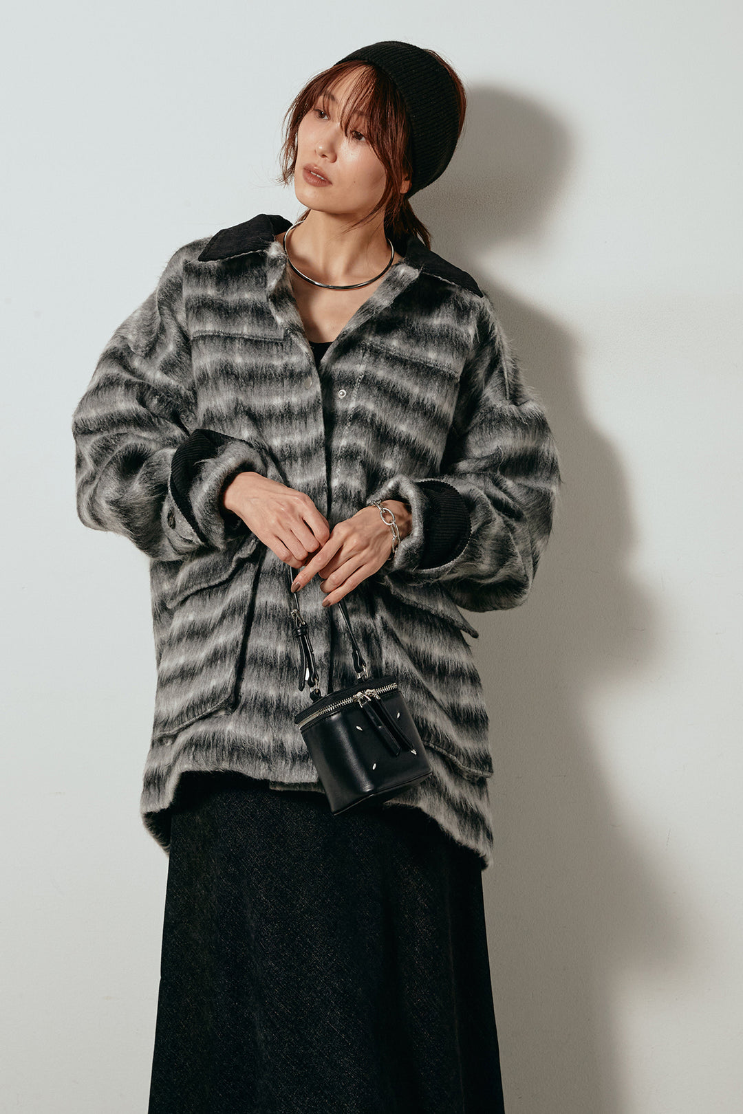 [SET]チェックシャギーミドルカバーオール+スウェードライクロングスカート(2set)