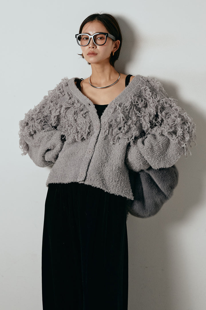 [SET]ループ編みVネックニットカーディガン+ベロアサスペンダー付きパンツ(2set)