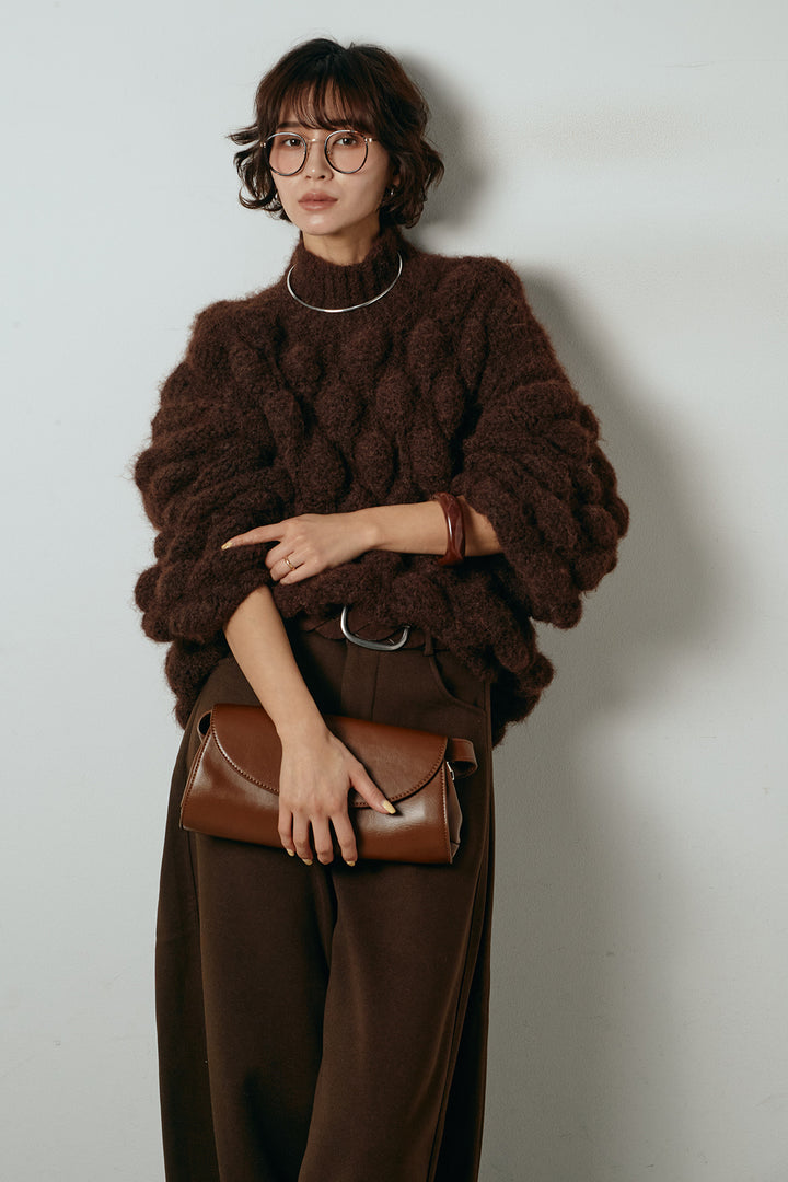 [SET]ボリュームポップコーンニットトップス+編みベルト付きワイドパンツ(2set)