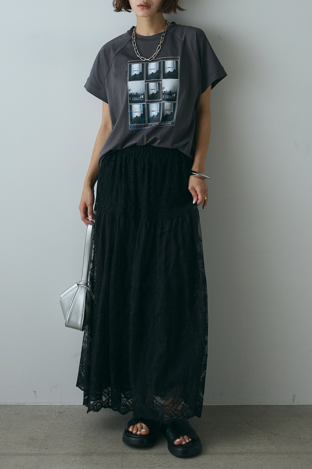 [SET]フォトプリントラグランTシャツ+ミックスレース刺繍スカート(2set)