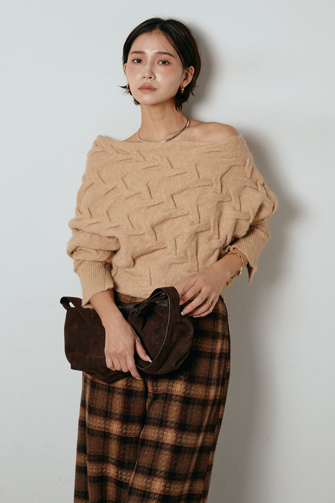 [SET]ボートネックニットトップス+ルーズタータンチェックワイドパンツ(2set)