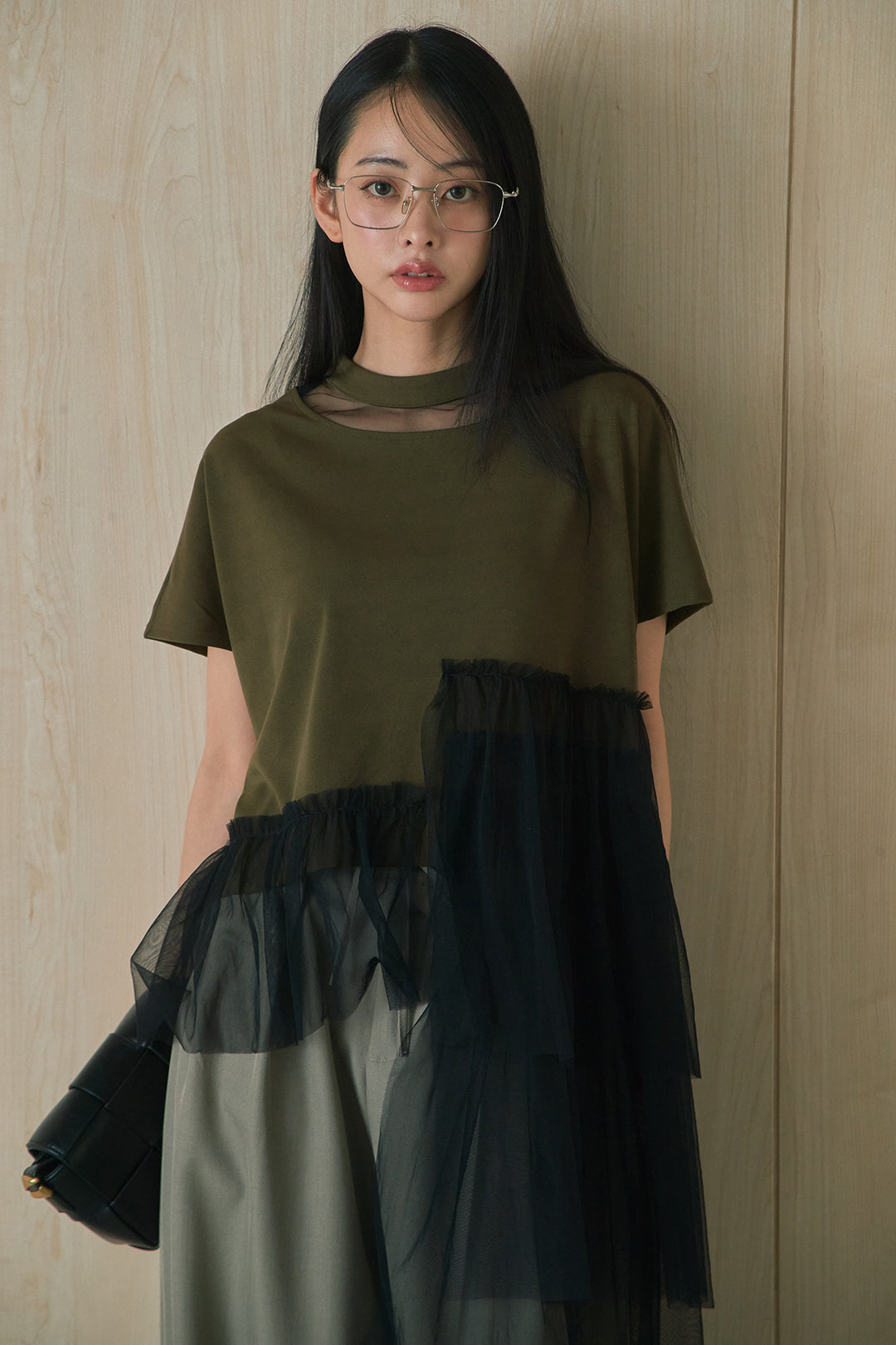 [SET]アシンメトリーチュールフリルTシャツ+ウエストデザインタックワイドパンツ(2set)