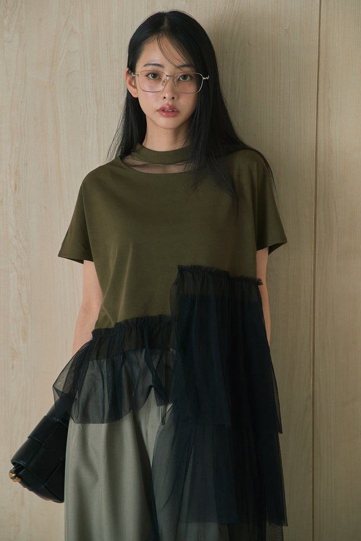 [SET]アシンメトリーチュールフリルTシャツ+ウエストデザインタックワイドパンツ(2set)
