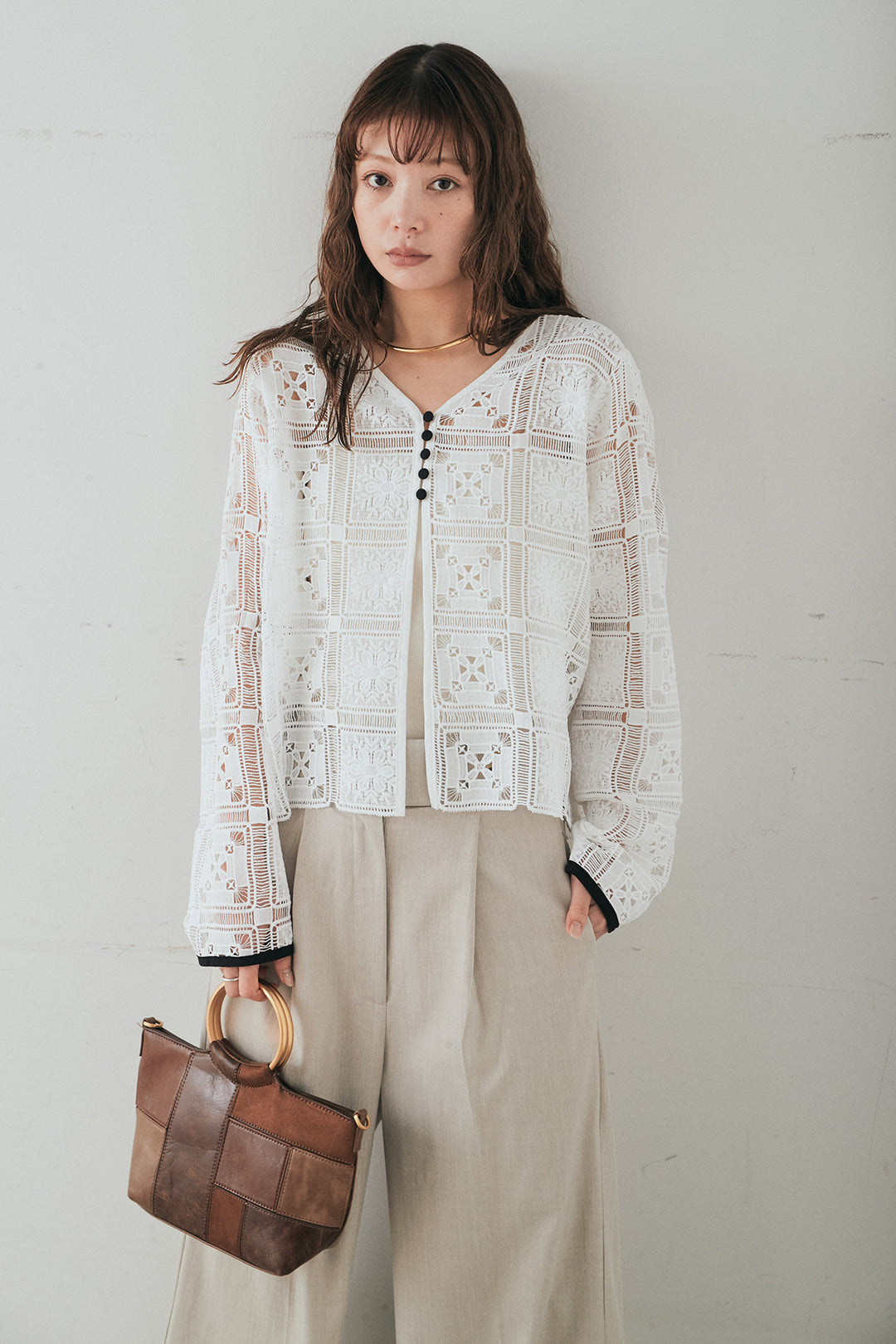 [SET]クロシェレースカーディガン+センタープレスセミワイドパンツ(2set)