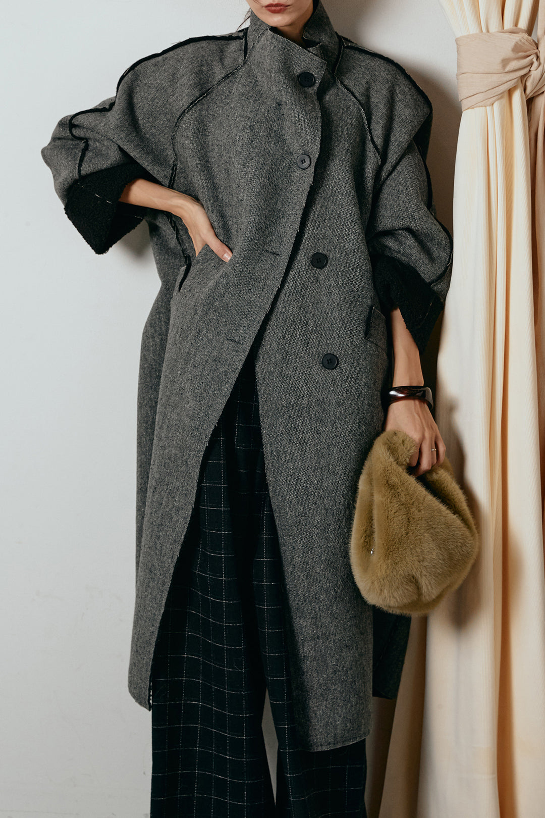[SET]裏地ボアハイネックロングアウター+ウールライクチェックタックパンツ(2set)