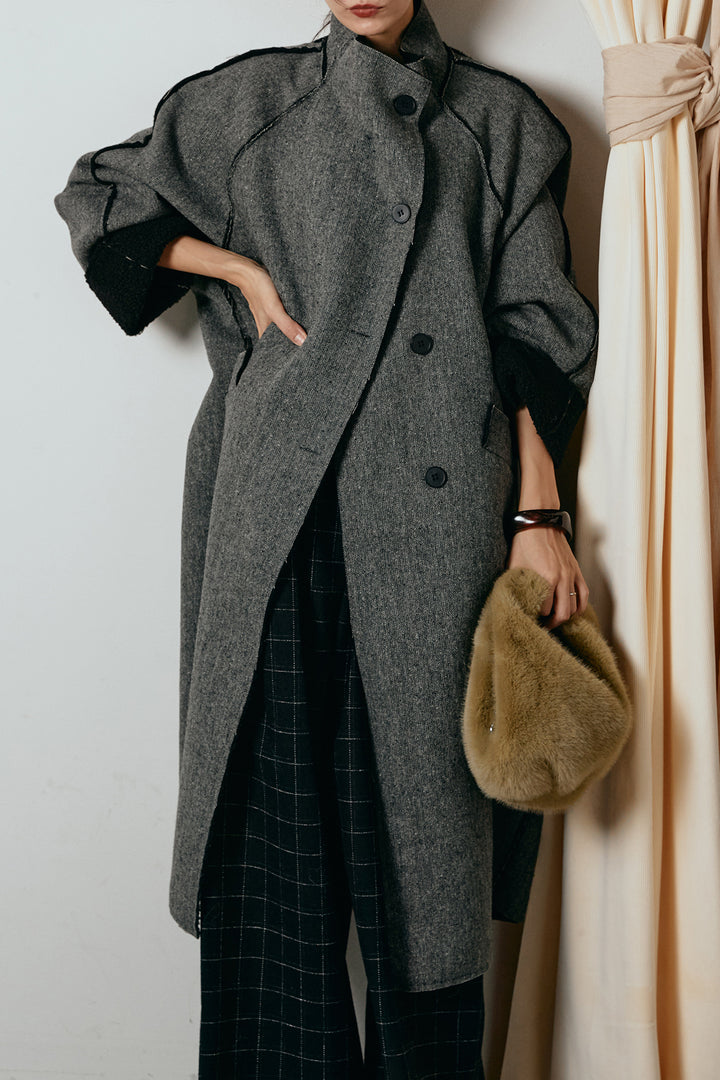 [SET]裏地ボアハイネックロングアウター+ウールライクチェックタックパンツ(2set)