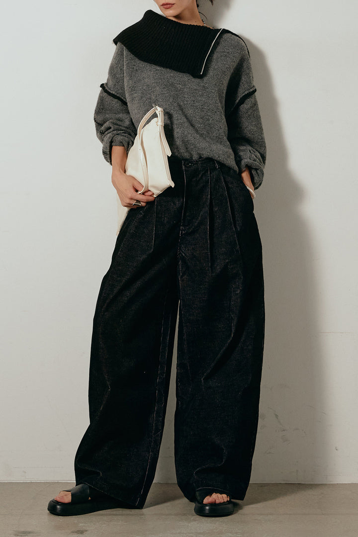 [SET]ハイネックジップデザインニットトップス+フロントタック入りコーデュロイパンツ(2set)