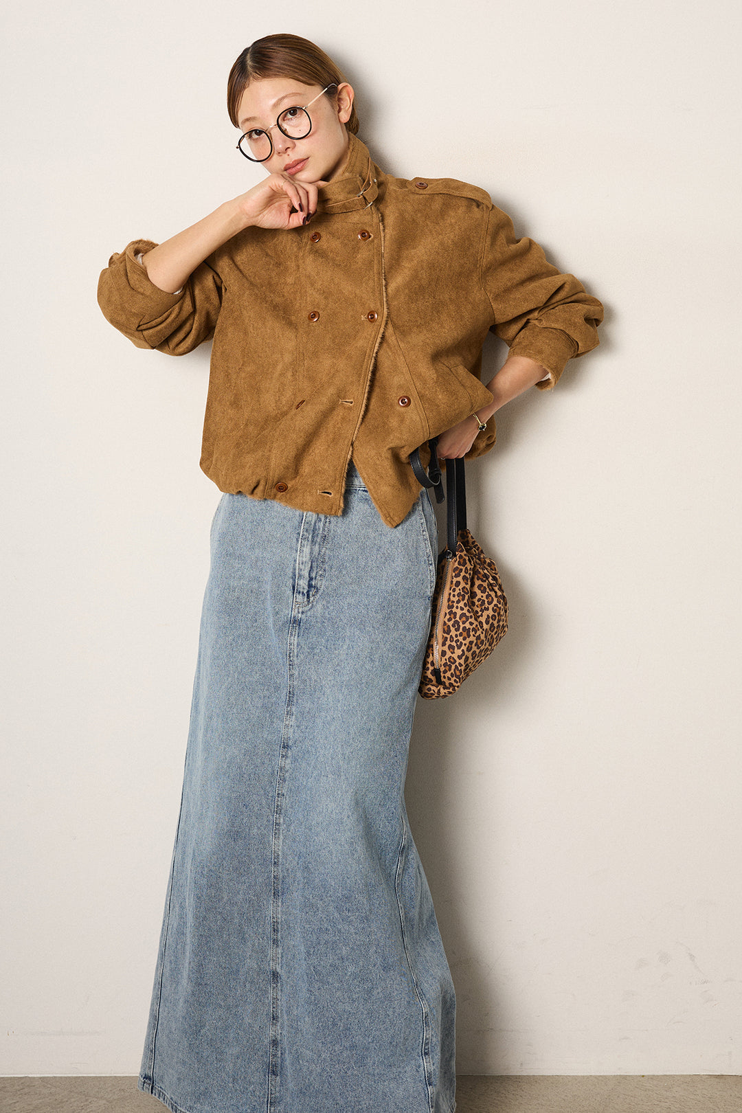 [SET]スタンド襟スウェードライクアウター+デニムロングフレアスカート(2set)