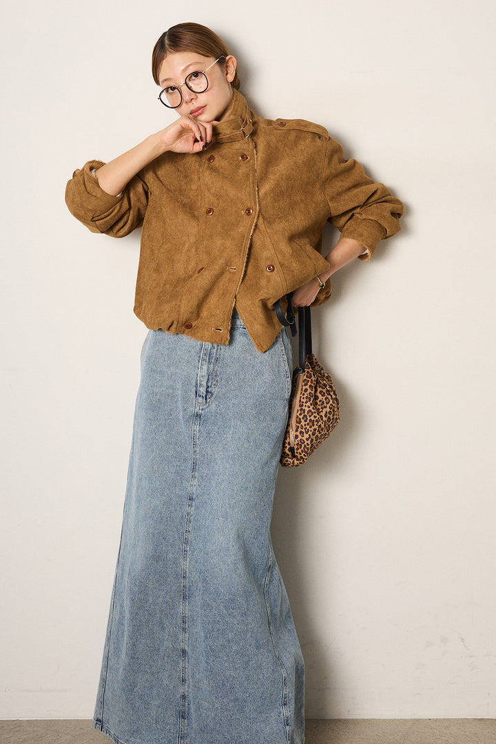 [SET]スタンド襟スウェードライクアウター+デニムロングフレアスカート(2set)