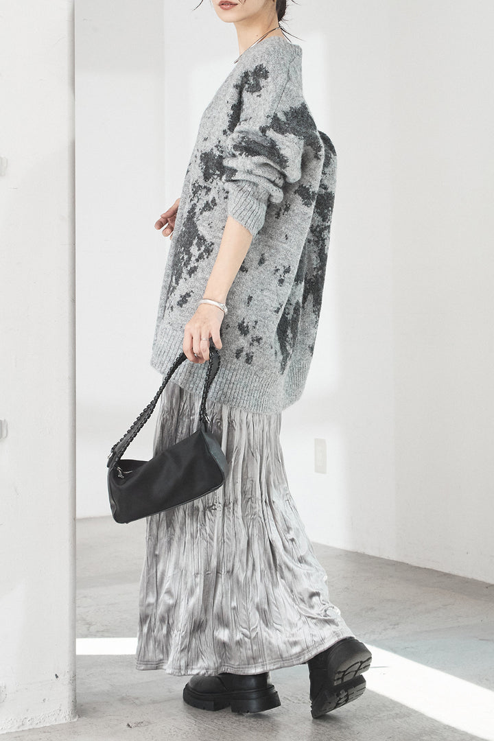 [SET]アブストラクト柄ニットプルオーバー+ベロアロングプリーツスカート(2set)