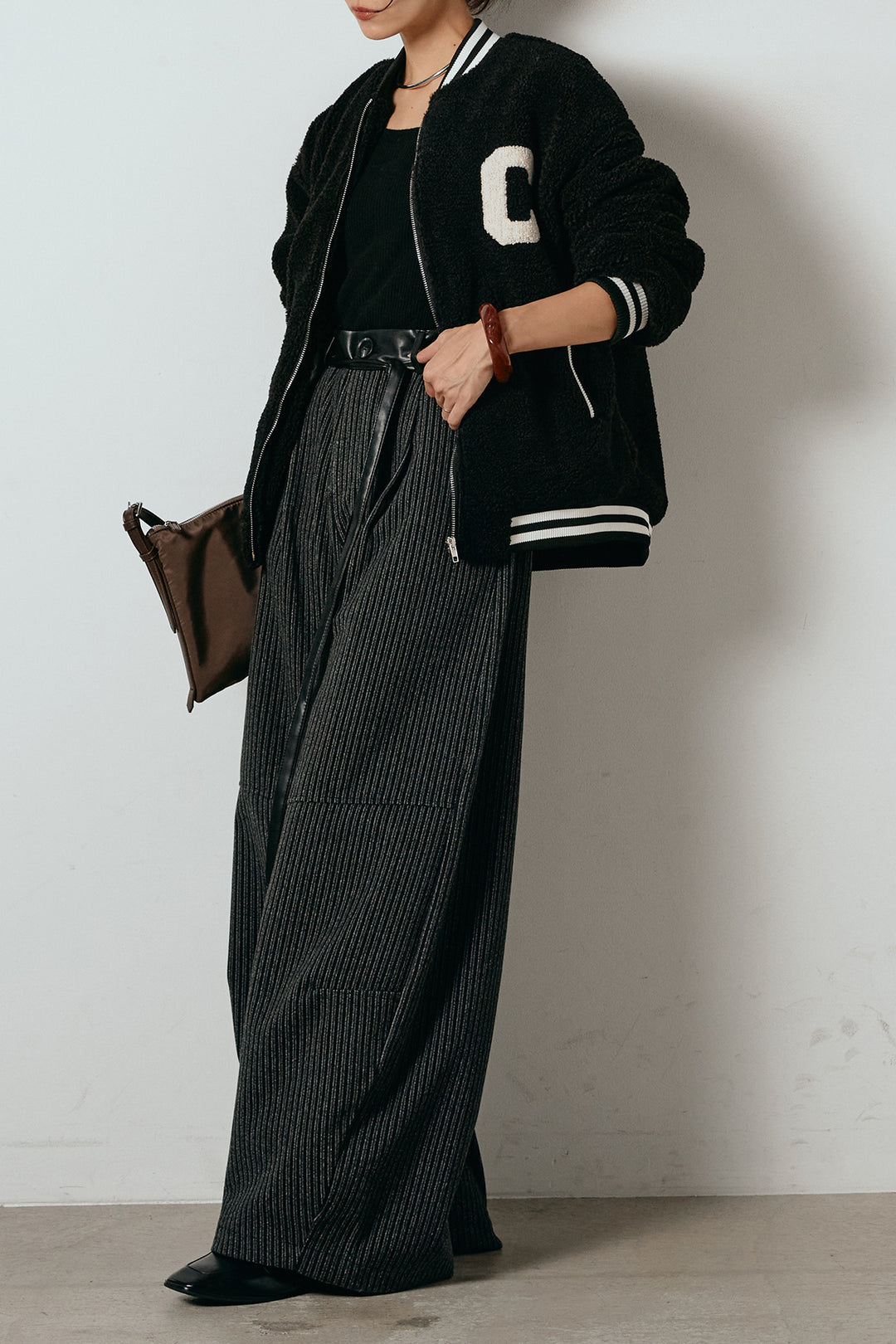 [SET]ロゴスタジャンボアブルゾン+レザーライク配色ストライプパンツ(2set)