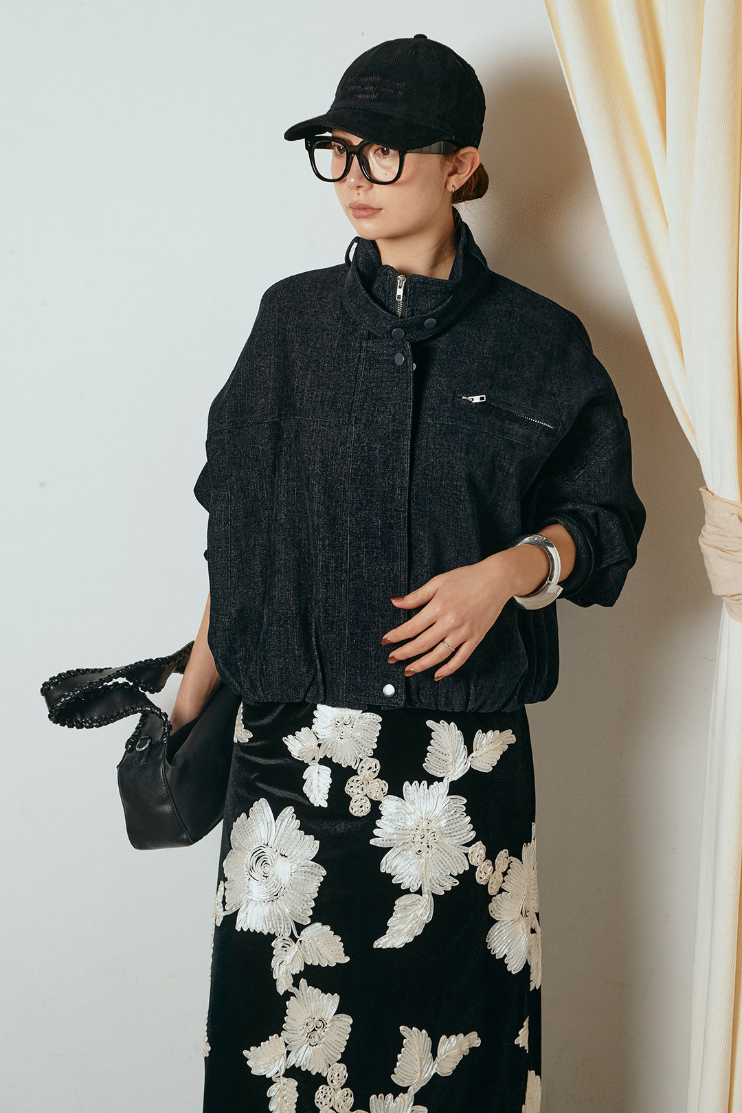 [SET]デニム調ハイネックブルゾン+フラワー刺繍ワイドスカート(2set)