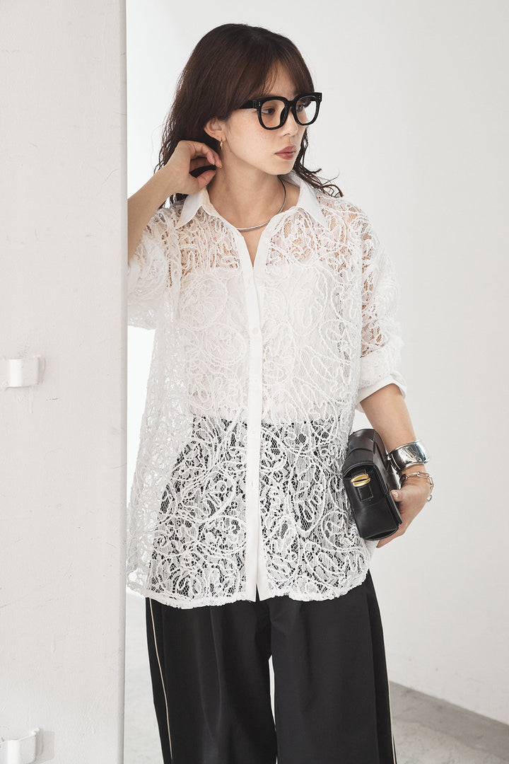 [SET]刺繍レースオーバーサイズシャツ+合繊ツイルパイピングタックカーブパンツ(2set)