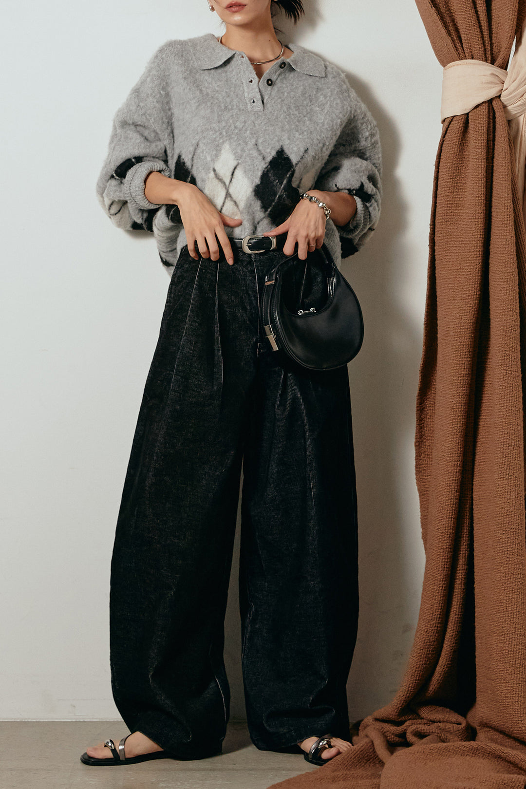 [SET]アーガイル柄ポロニットトップス+フロントタック入りコーデュロイパンツ(2set)