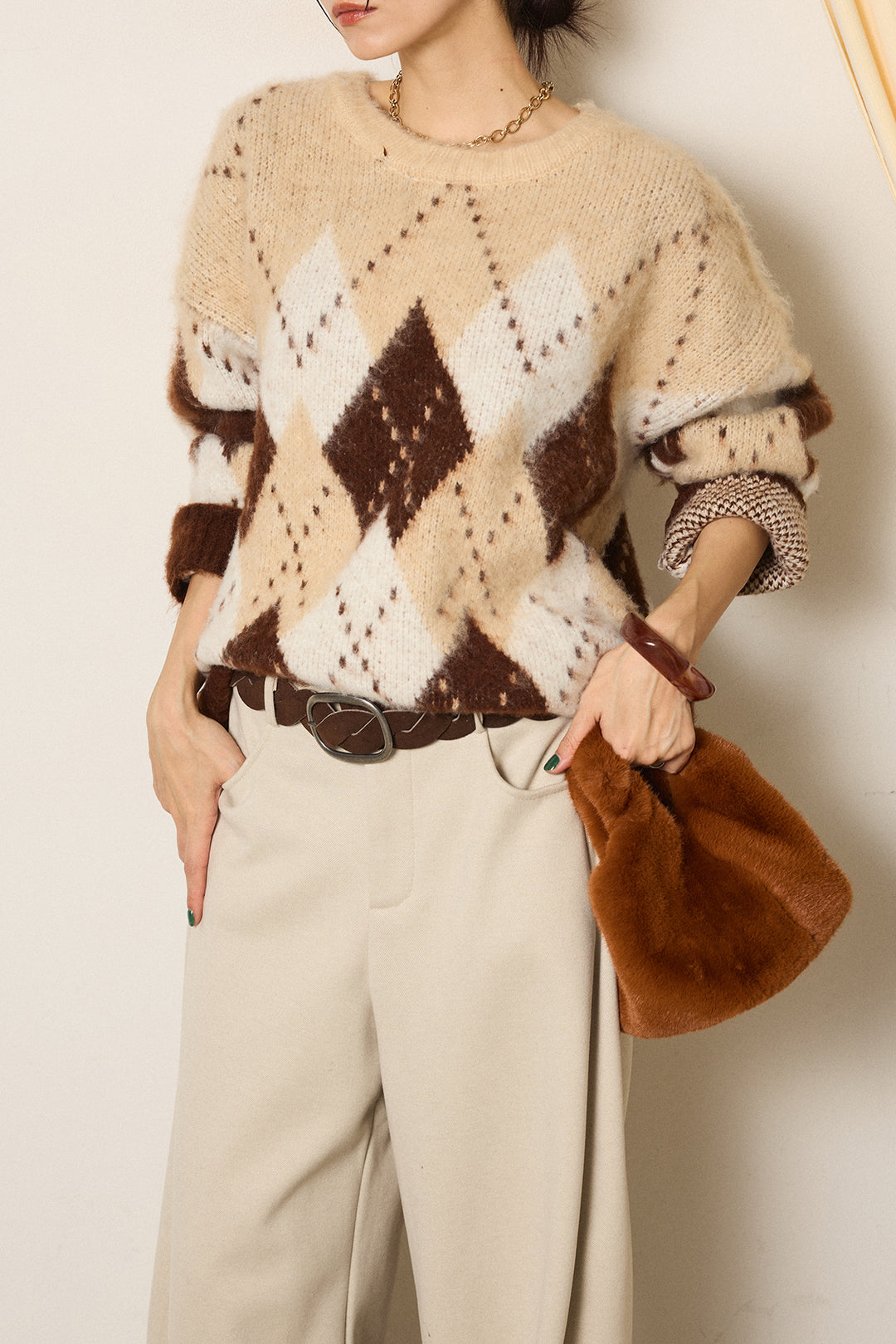 [SET]配色アーガイル柄ニットトップス+編みベルト付きワイドパンツ(2set)