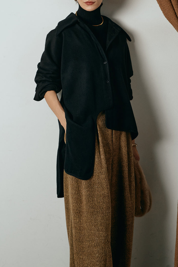 [SET]裾アシンメトリーデザインシャツ+タックツイードワイドパンツ+リブニットシームレスタートルプルオーバー(3set)