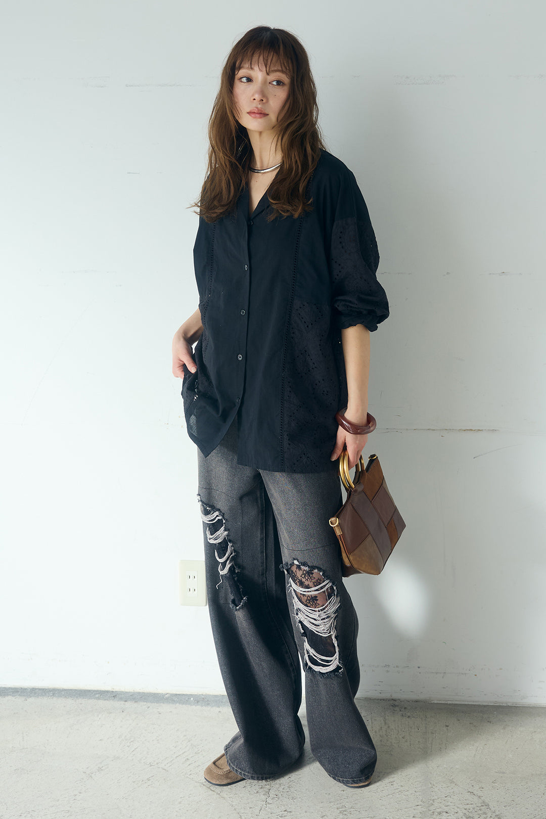[SET]ローンレースオープンカラーシャツ+デニムレース付きワイドパンツ(2set)