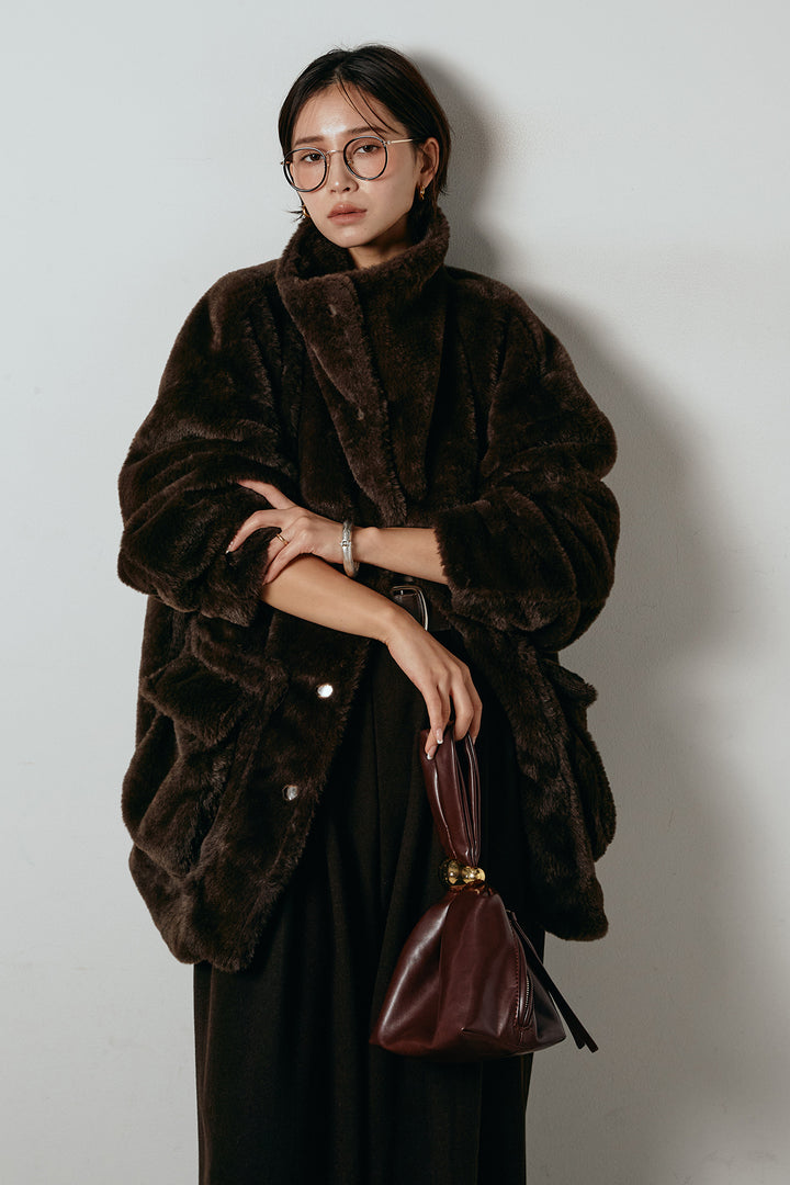 [SET]スタンドネックファーコート+フェイクレザー太ベルト付きタックワイドパンツ(2set)