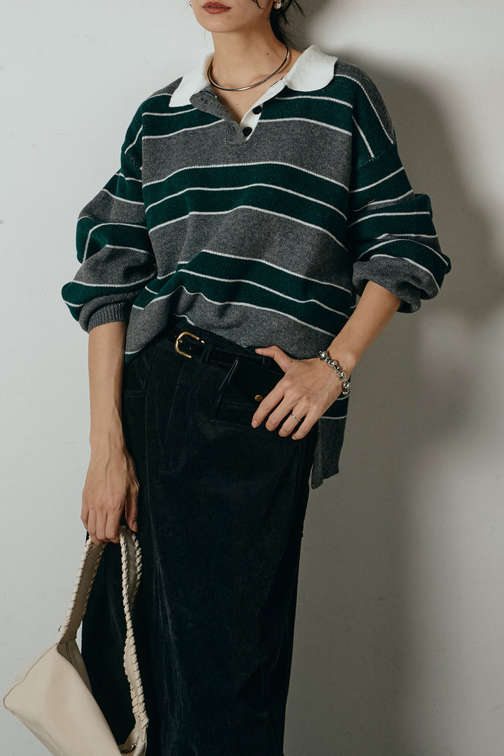 [SET]ラガーニットボーダーポロプルオーバー+ポーチベルト付きコーデュロイワイドスカート(2set)