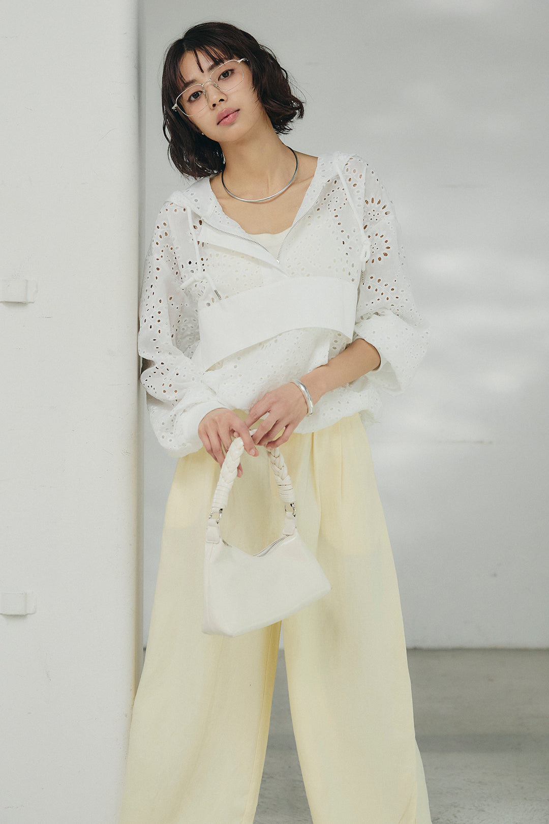 [SET]レースハーフジップアップフーディー+リネン混タックストレートワイドパンツ(2set)