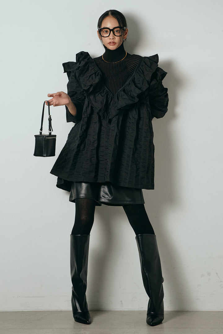 [SET]Vネックフリルカラーブラウス+リブニットシームレスタートルプルオーバー+ストレッチエコレザーバミューダパンツ(3set)