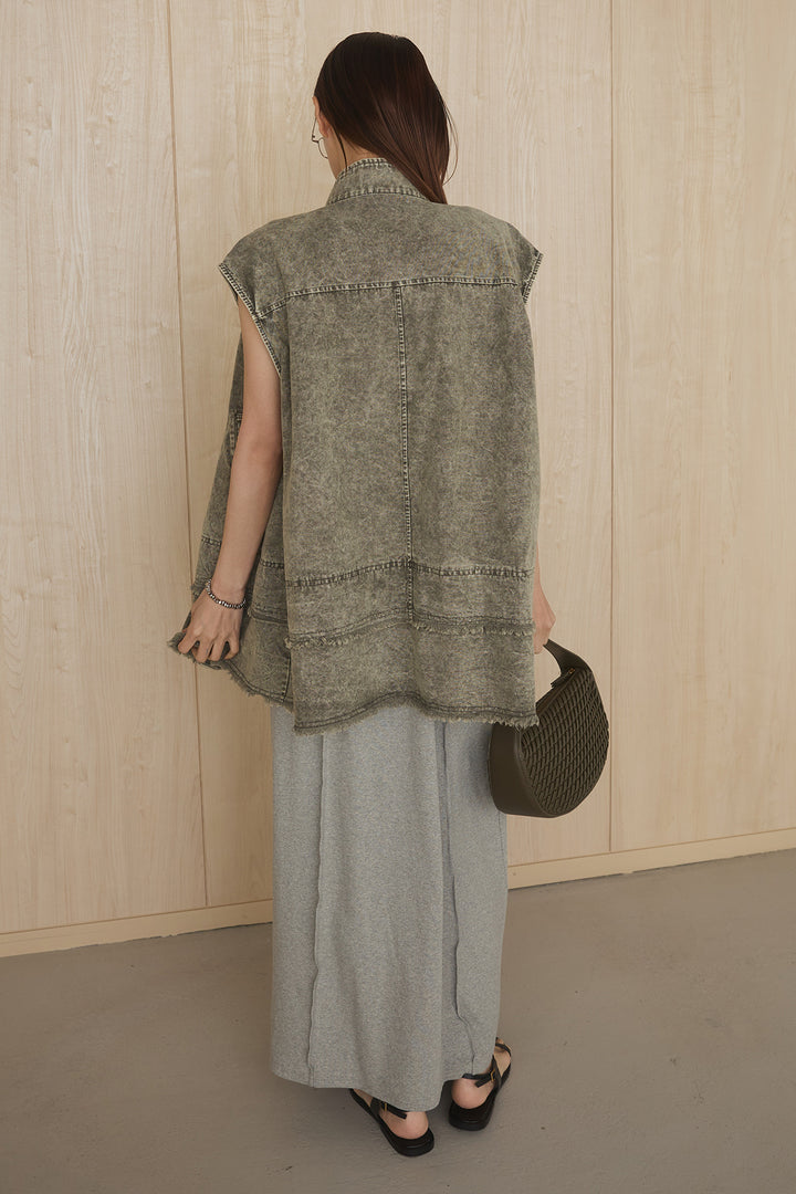 [SET]ケミカルデニムヘムカットオフジレ+ノースリロングワンピース(2set)