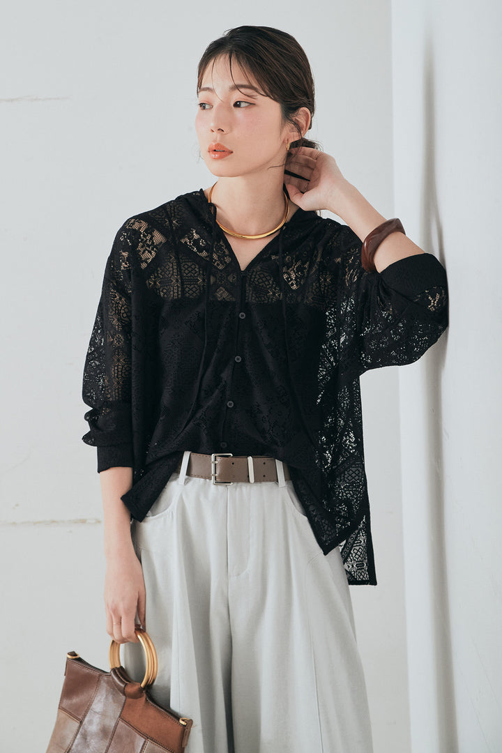 [SET]ブロックレースフード付きブラウス+ベルト付きサイドタックワイドパンツ(2set)