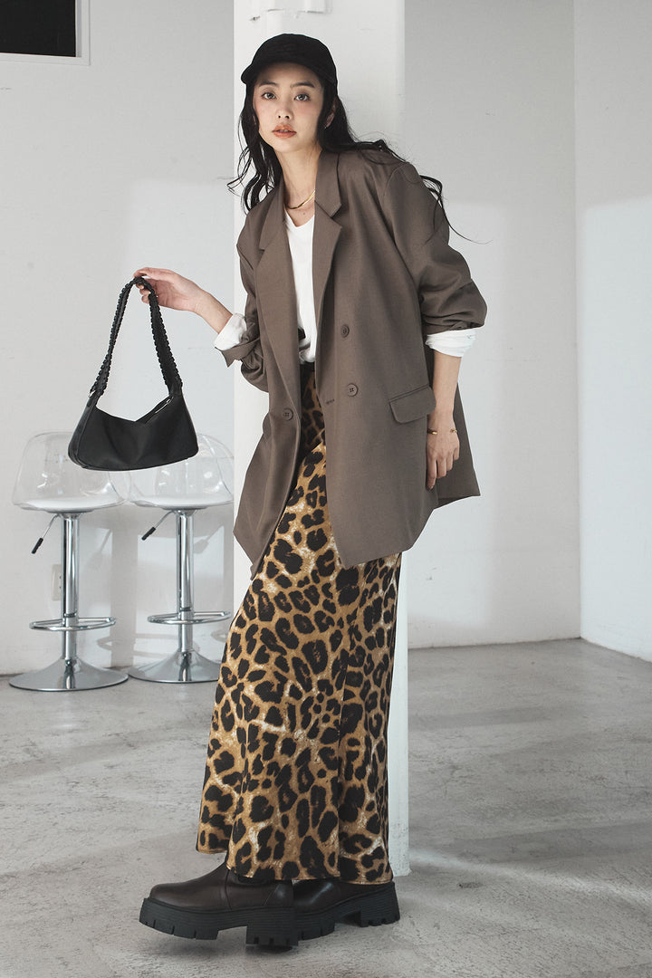 [SET]ルーズシルエットダブルテーラードジャケット+ストレッチロングTシャツ+レオパードサテンナロースカート(3set)