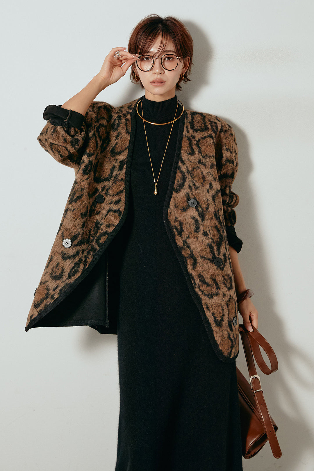 [SET]ノーカラーレオパード柄アウター+ノースリーブニットロングワンピース(2set)