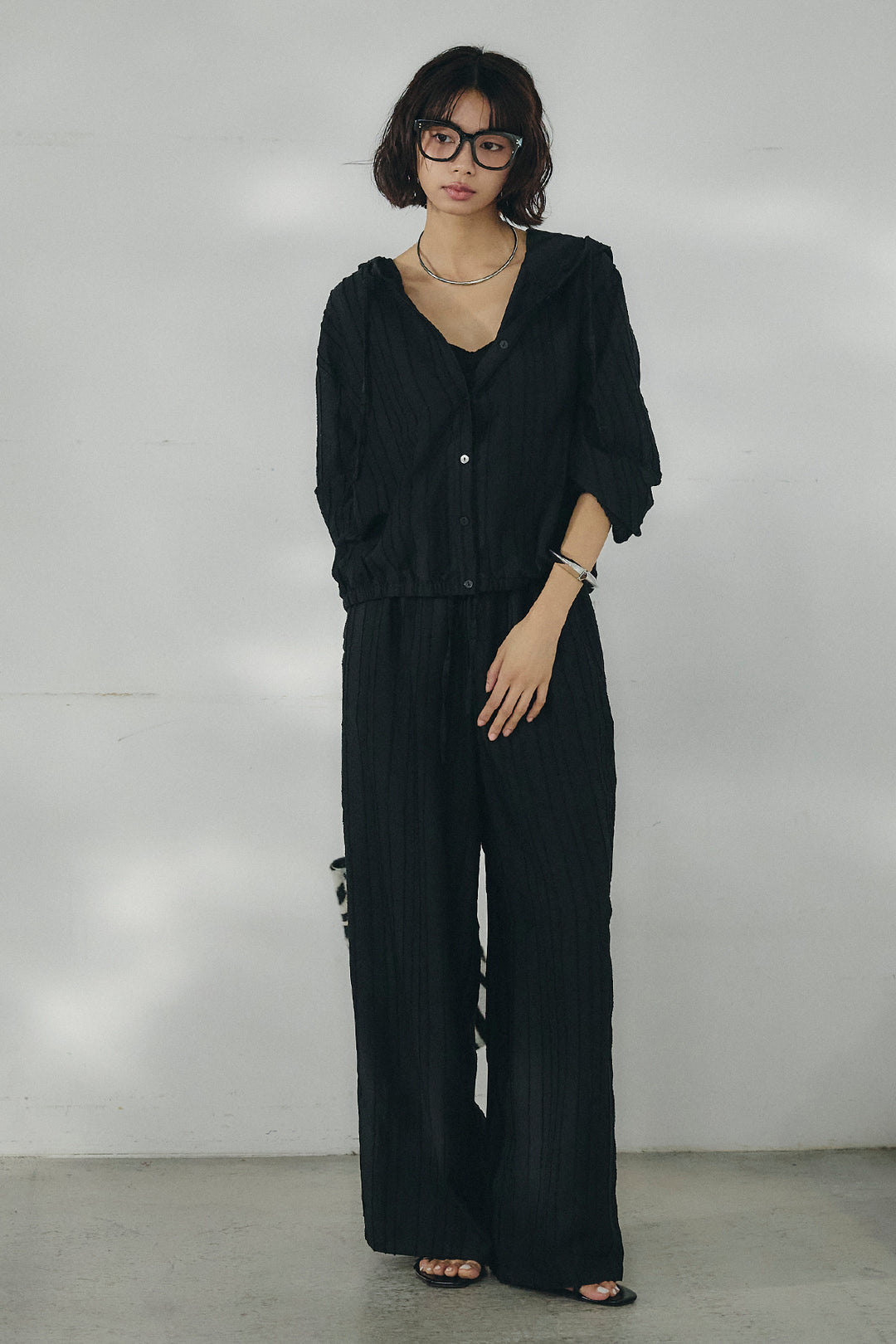 [SET]ストライプジャガードフードシャツ+ストライプジャガードロングイージーパンツ(2set)