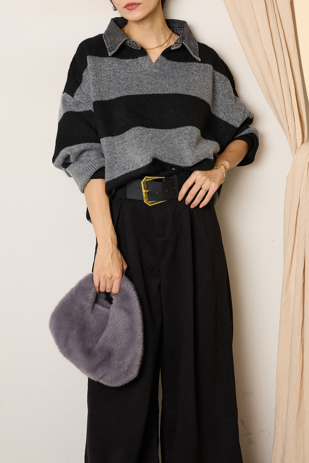 [SET]デニムカラーボーダールーズニット+ゴールドバックル太ベルト付きワイドパンツ(2set)