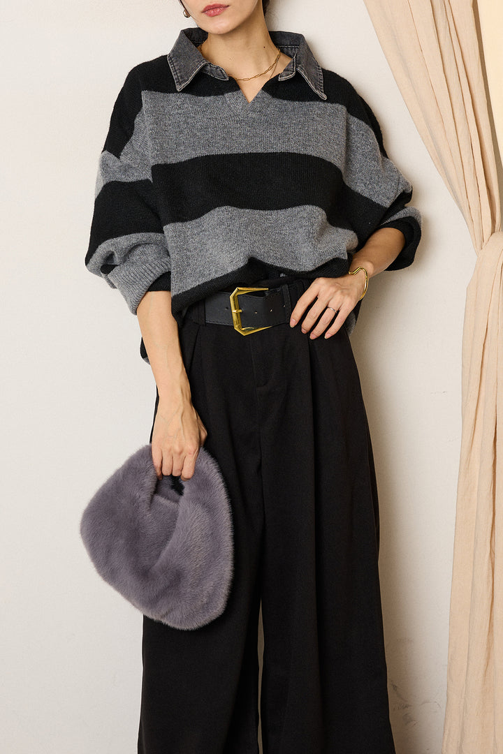 [SET]デニムカラーボーダールーズニット+ゴールドバックル太ベルト付きワイドパンツ(2set)