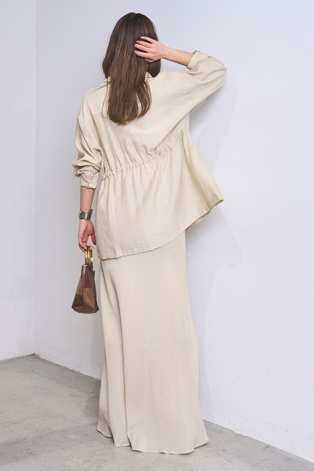 [SET]リネンブレンドシアーサファリシャツ+リネンブレンドロングナロースカート(2set)