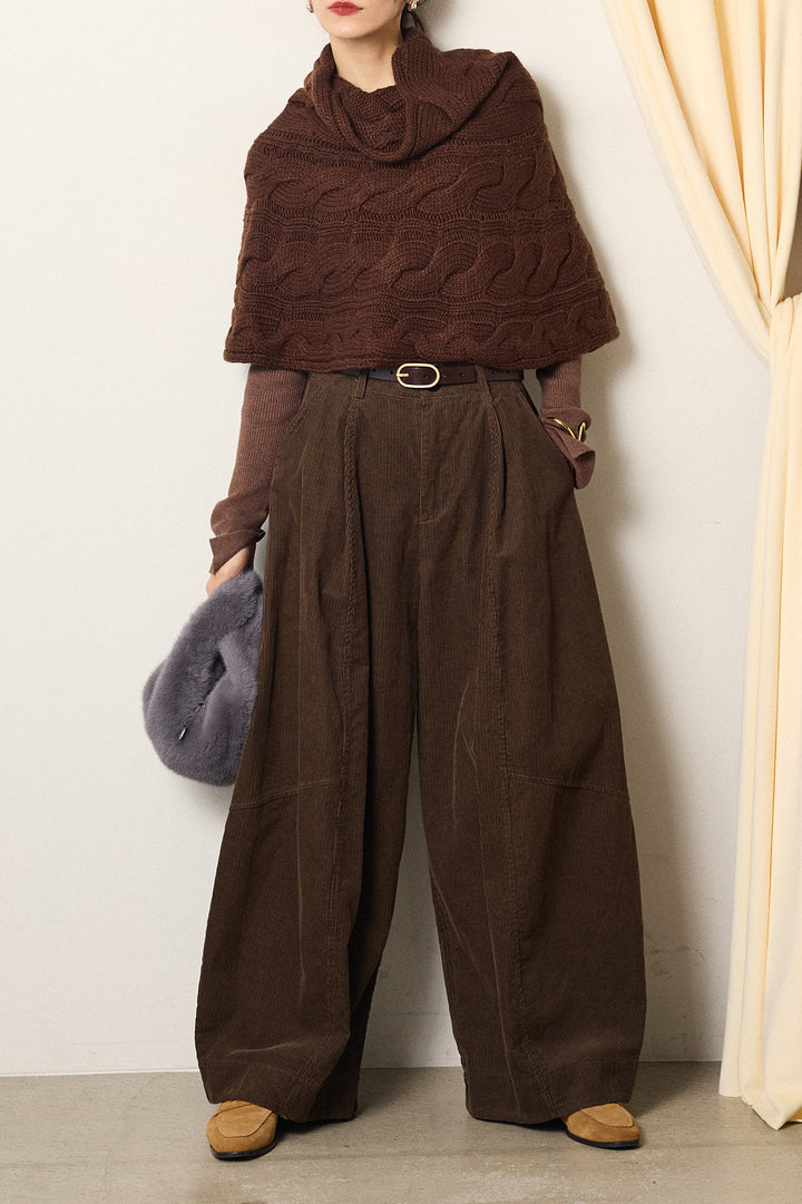 [SET]ケーブル編みケープレイヤードニット+タック入りコーデュロイワイドパンツ(2set)