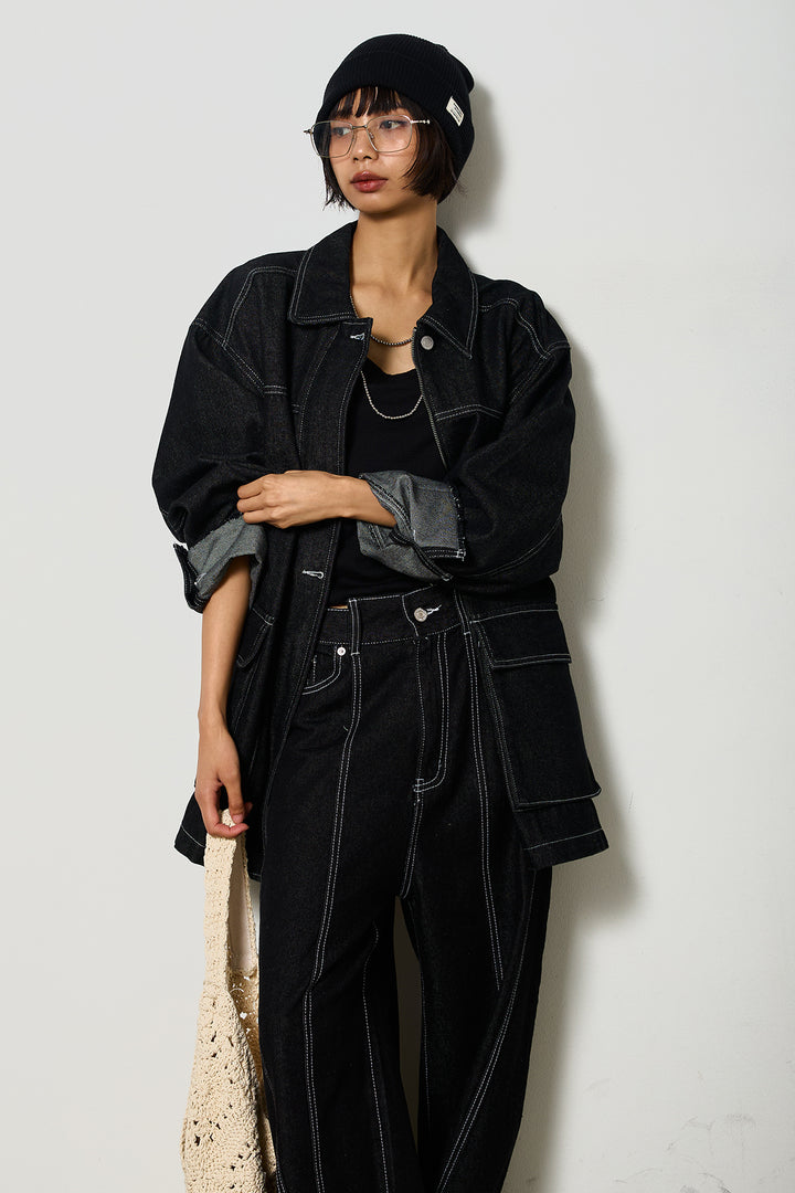 【即納】ステッチデザインデニムジップジャケット