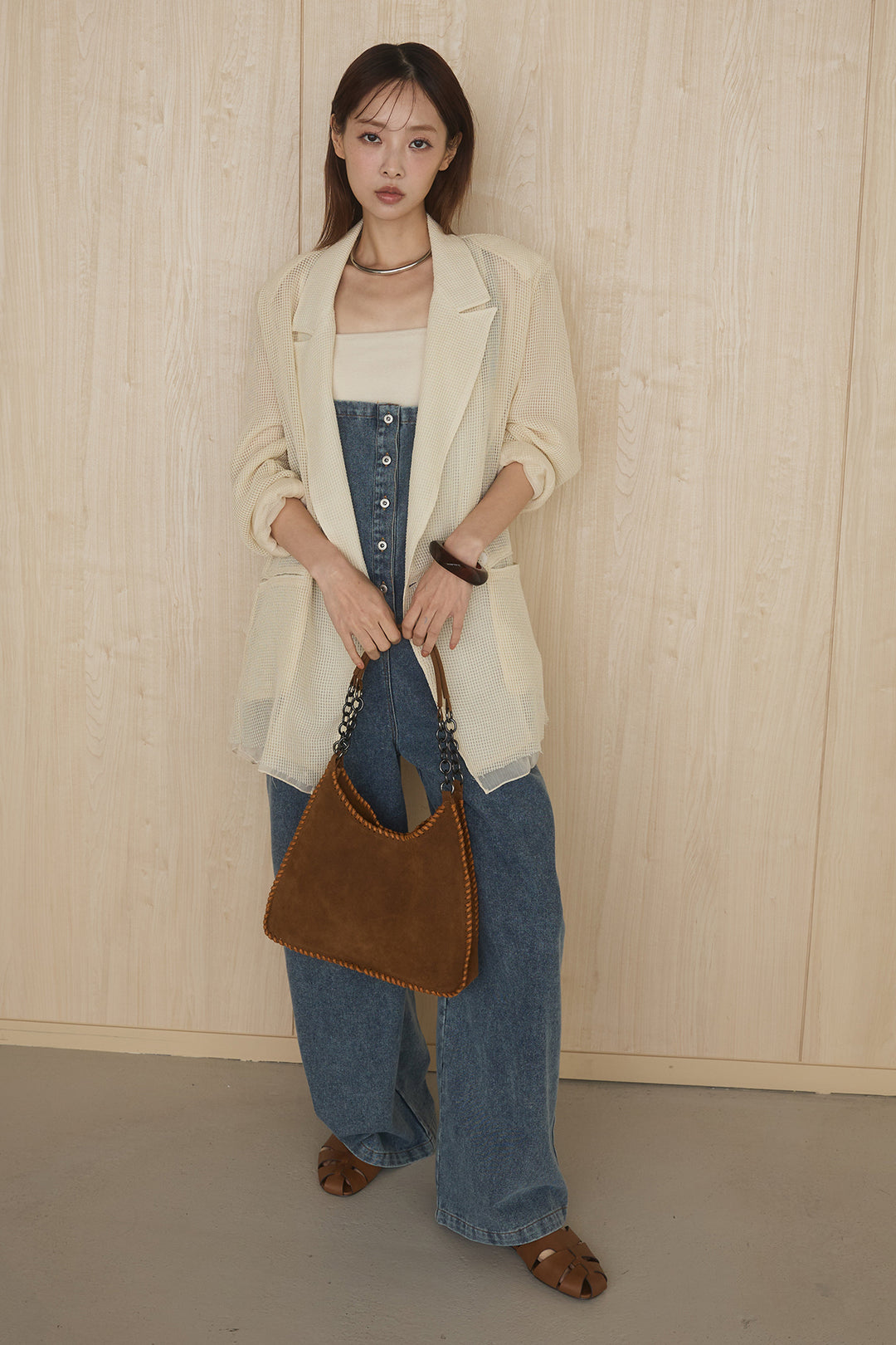 [SET]メッシュテーラードワイドジャケット+フロントボタンデニムサロペット(2set)