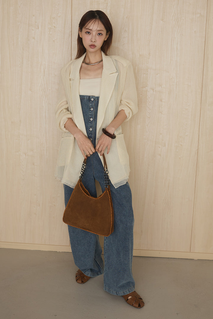 [SET]メッシュテーラードワイドジャケット+フロントボタンデニムサロペット(2set)