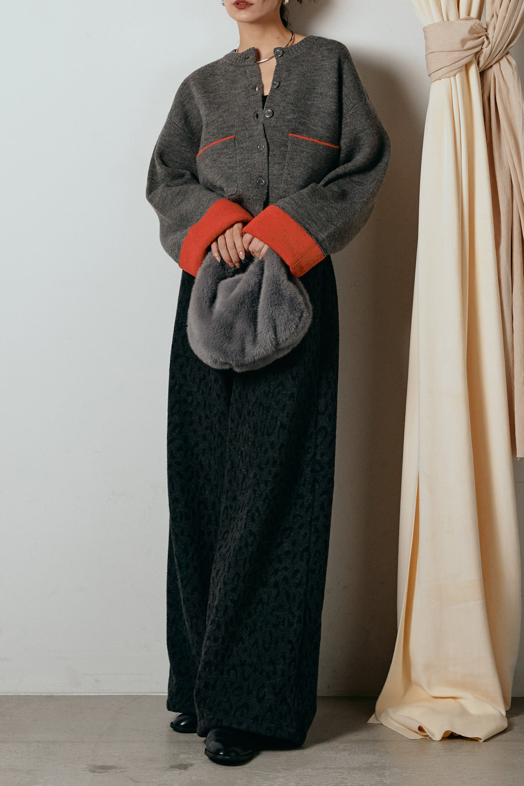 [SET]アルパカタッチダブルフェイスカーディガン+レオパードジャガードニットパンツ(2set)