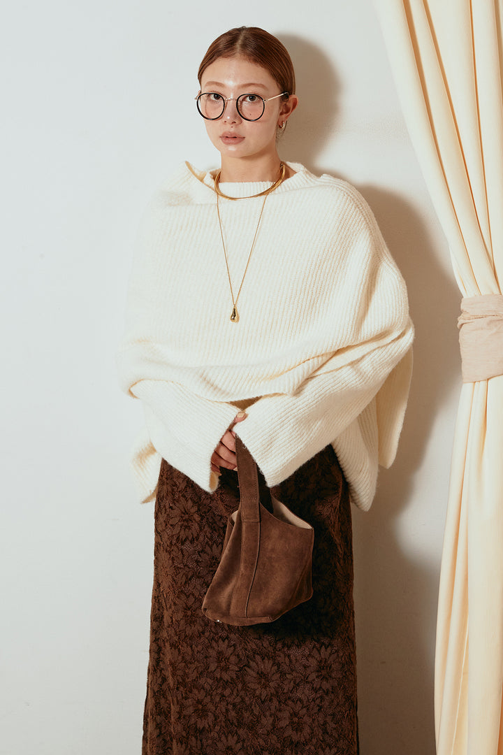 [SET]ケープデザインリブニットトップス+花柄刺繍ベロアフレアスカート(2set)