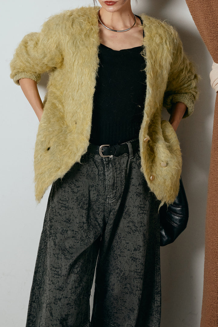 [SET]ウェーブシャギーニットジャケット+ベルト付きニュアンス柄カーブワイドパンツ(2set)