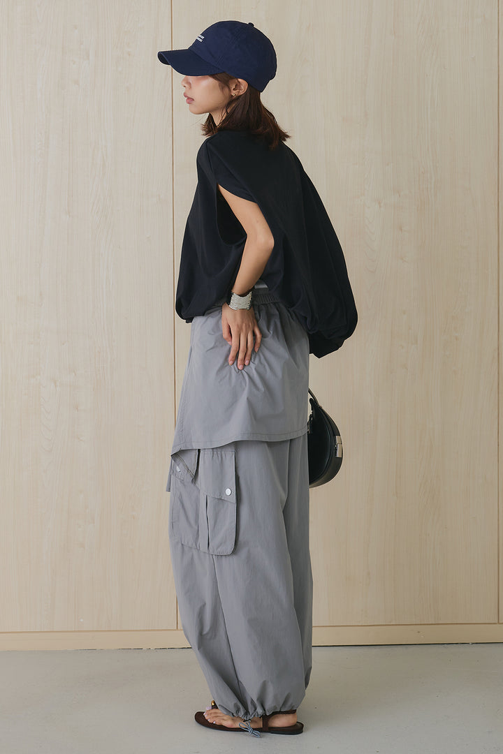 [SET]オーバークロップバルーンカットソー+ウエスト巻き風カーゴパンツ(2set)