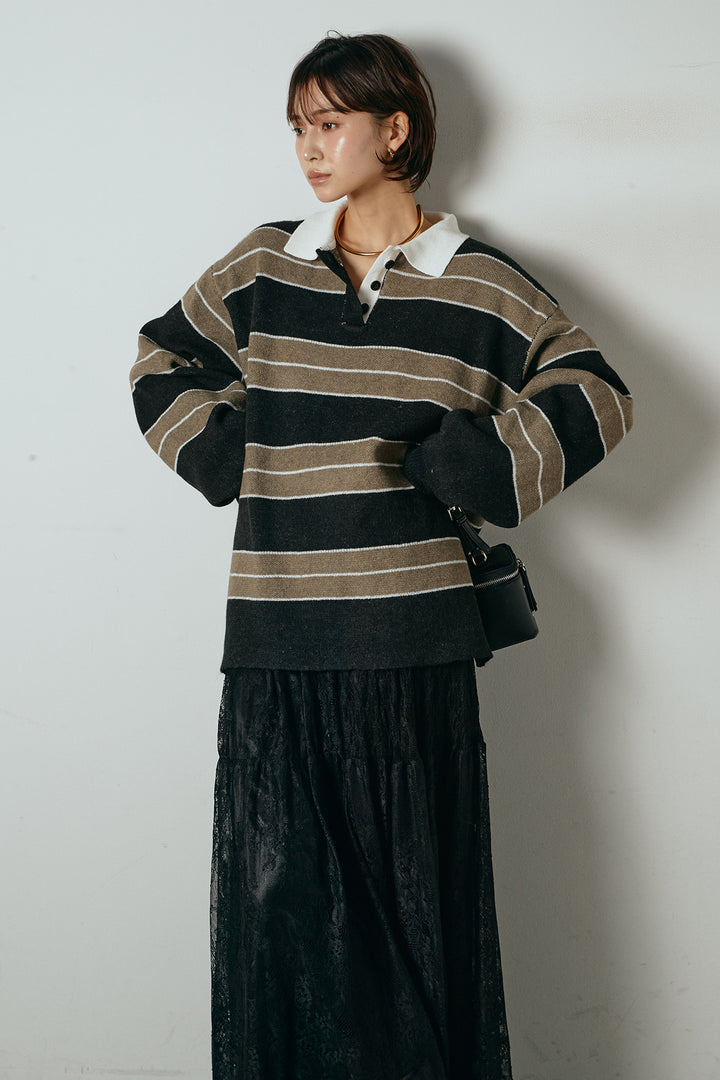 [SET]ラガーニットボーダーポロプルオーバー+ひげレース切替ロング丈スカート(2set)