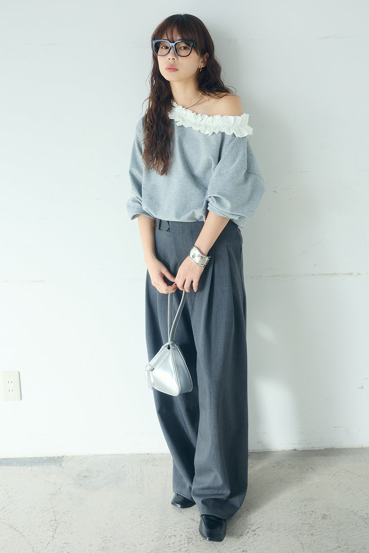 [SET]ネックギャザーフリルスウェット+サイドベルトタック入りスラックス(2set)