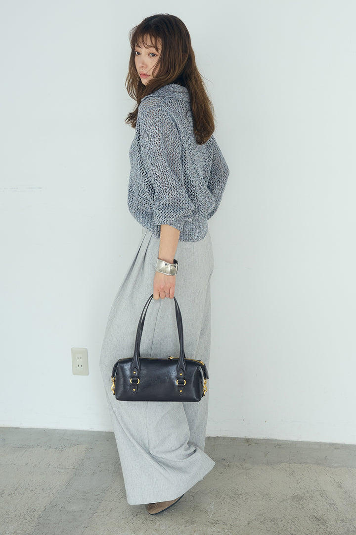 [SET]ミックスメッシュポロニット+麻混タックワイドパンツ(2set)