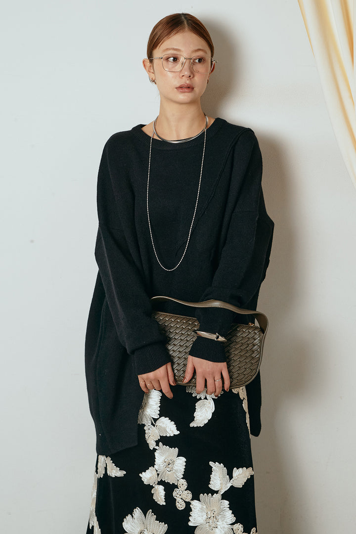 [SET]アシンメトリーデザインニットトップス+フラワー刺繍ワイドスカート(2set)