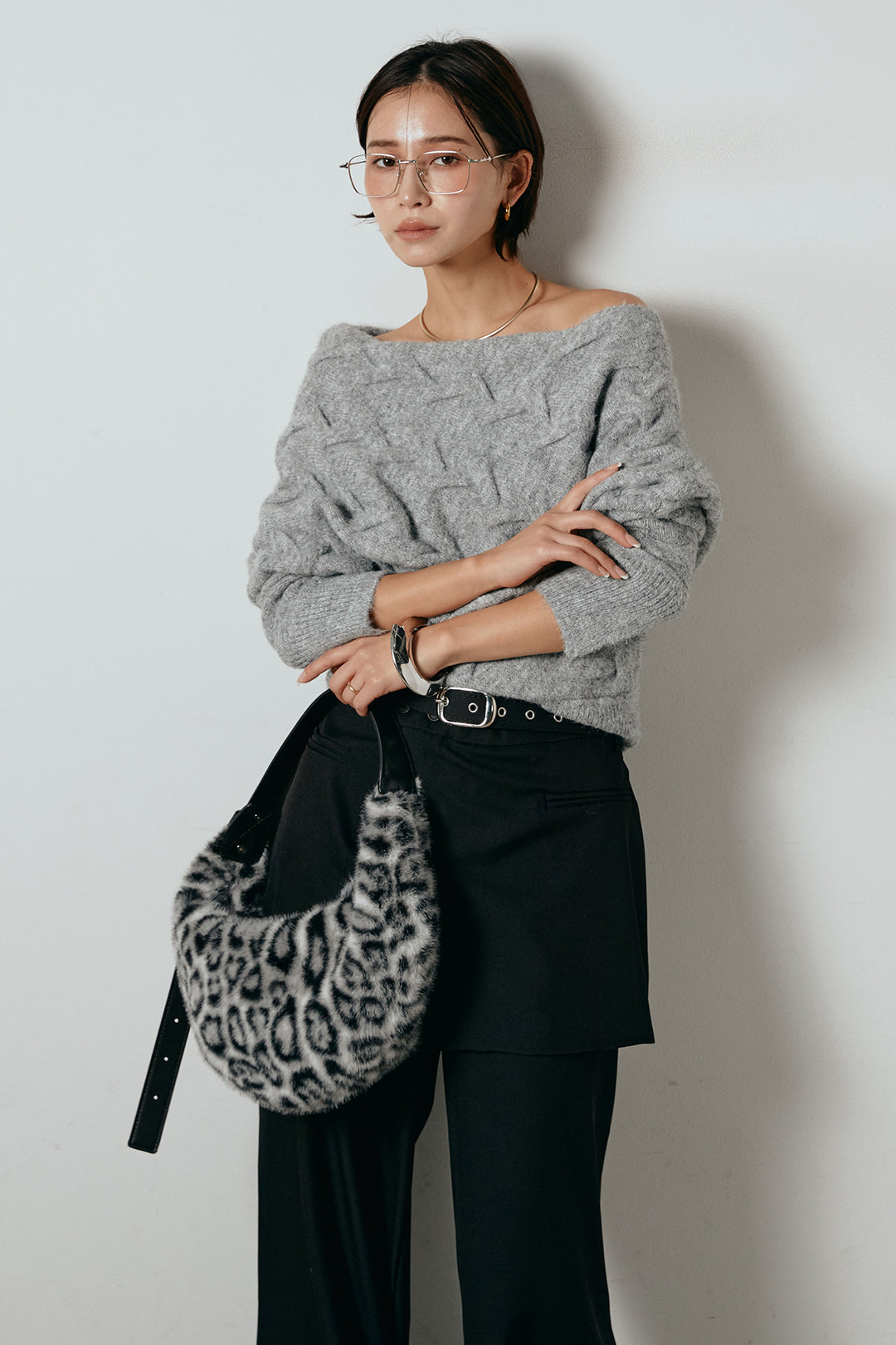 [SET]ボートネックニットトップス+ベルト付きウエストデザインパンツ(2set)