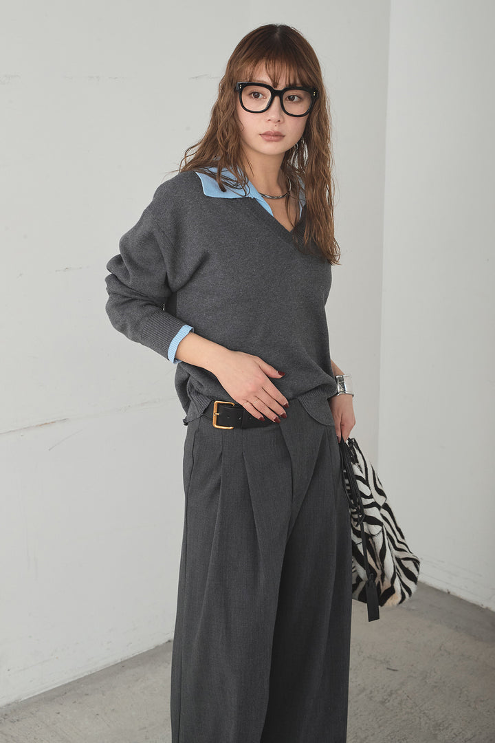 [SET]バイカラーニットレイヤード風プルオーバー+サイドベルトタック入りスラックス(2set)