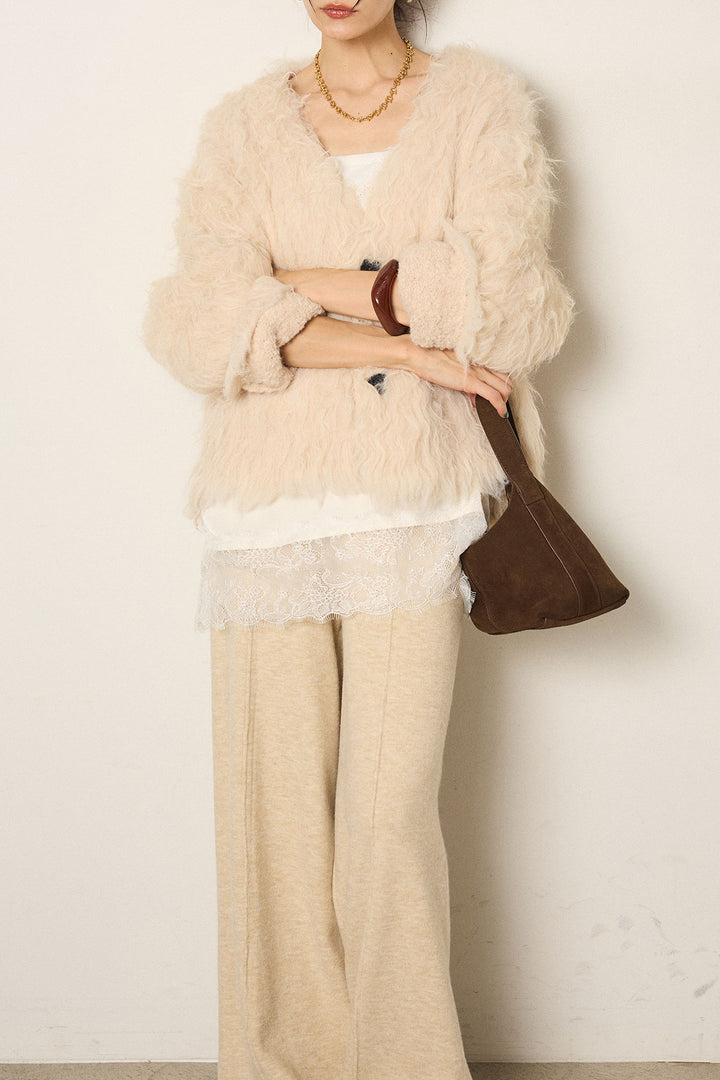 [SET]起毛シャギーニットカーディガン+レース切り替えキャミソール(2set)