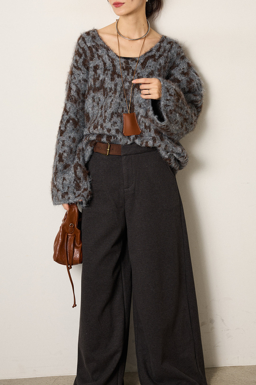 [SET]フラッフィーレオパードシャギーニット+サイドベルトパンツ(2set)