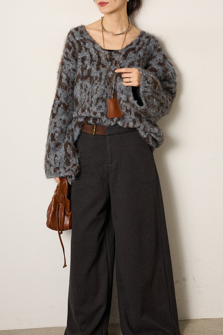 [SET]フラッフィーレオパードシャギーニット+サイドベルトパンツ(2set)